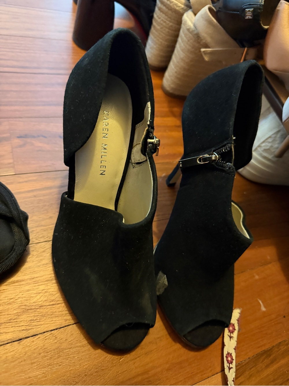 Karen Millen Black Suede Peep Toe Heel with Ankle Strap